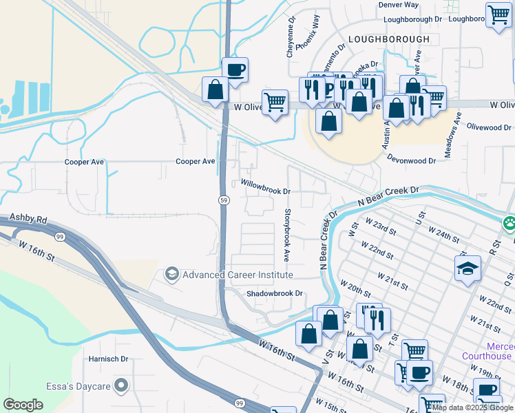 map of restaurants, bars, coffee shops, grocery stores, and more near 1754 Willowbrook Drive in Merced