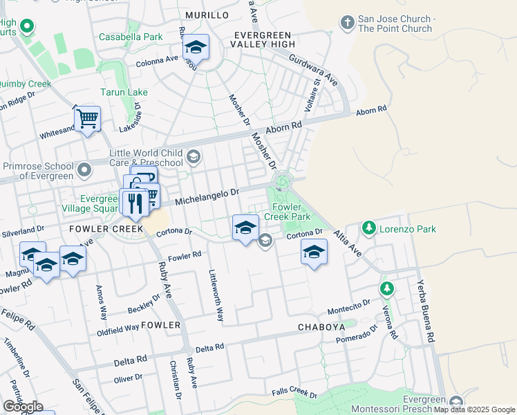 map of restaurants, bars, coffee shops, grocery stores, and more near 4317 Botticelli Drive in San Jose