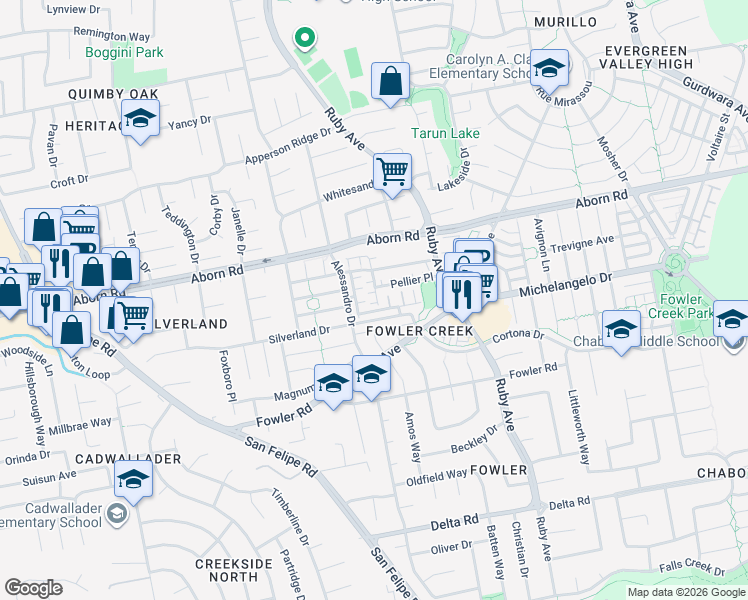 map of restaurants, bars, coffee shops, grocery stores, and more near 3279 La Rochelle Way in San Jose