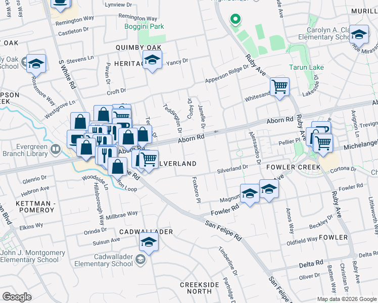 map of restaurants, bars, coffee shops, grocery stores, and more near 2869 Urzi Court in San Jose