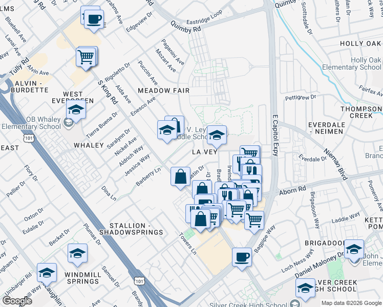 map of restaurants, bars, coffee shops, grocery stores, and more near 1786 Kyra Circle in San Jose