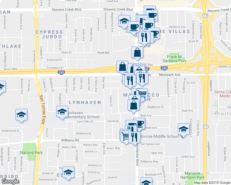 map of restaurants, bars, coffee shops, grocery stores, and more near 737 Opal Drive in San Jose