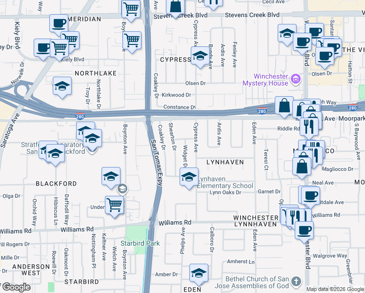 map of restaurants, bars, coffee shops, grocery stores, and more near 734 Widget Drive in San Jose