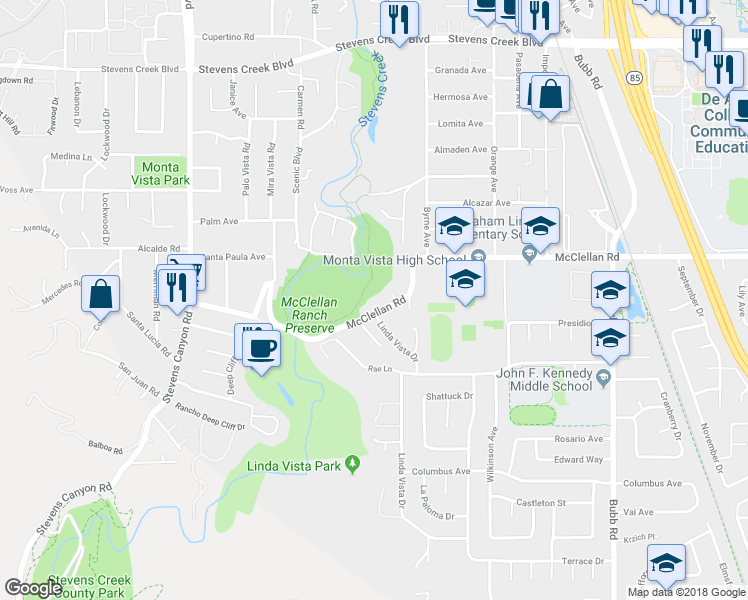 map of restaurants, bars, coffee shops, grocery stores, and more near 22181 McClellan Road in Cupertino