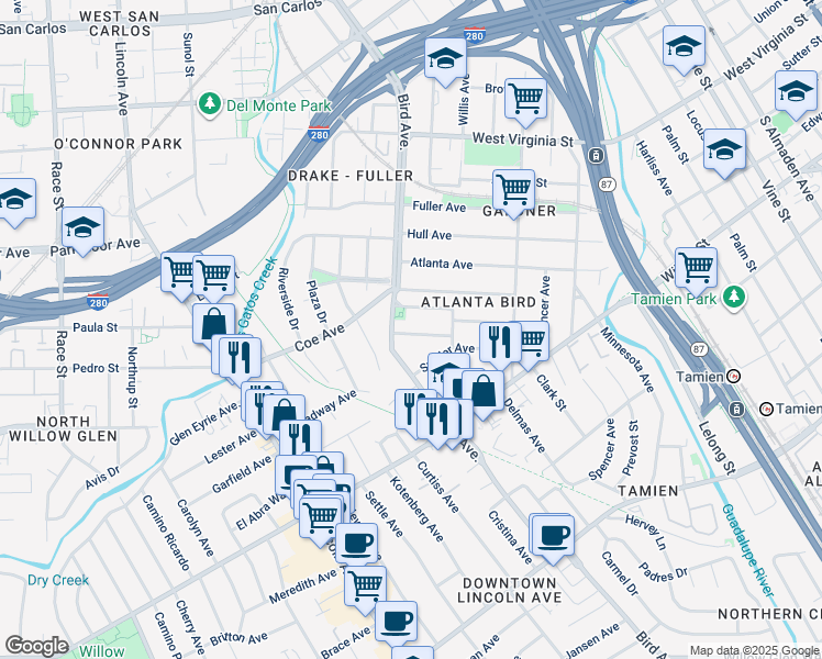 map of restaurants, bars, coffee shops, grocery stores, and more near 569 Brooks Avenue in San Jose