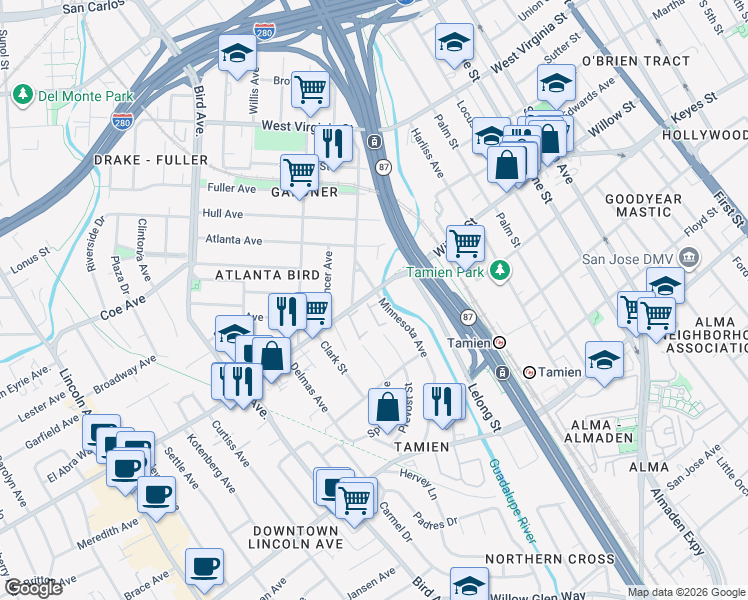 map of restaurants, bars, coffee shops, grocery stores, and more near 1008 Villa Maria Court in San Jose