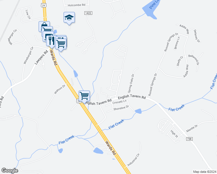 map of restaurants, bars, coffee shops, grocery stores, and more near 77 Catherine Court in Lynchburg