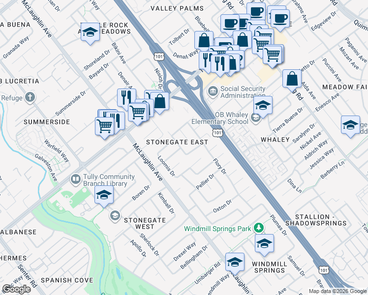 map of restaurants, bars, coffee shops, grocery stores, and more near 2512 Zachary Way in San Jose