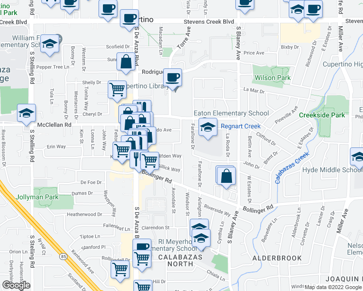 map of restaurants, bars, coffee shops, grocery stores, and more near 20278 Clay Street in Cupertino