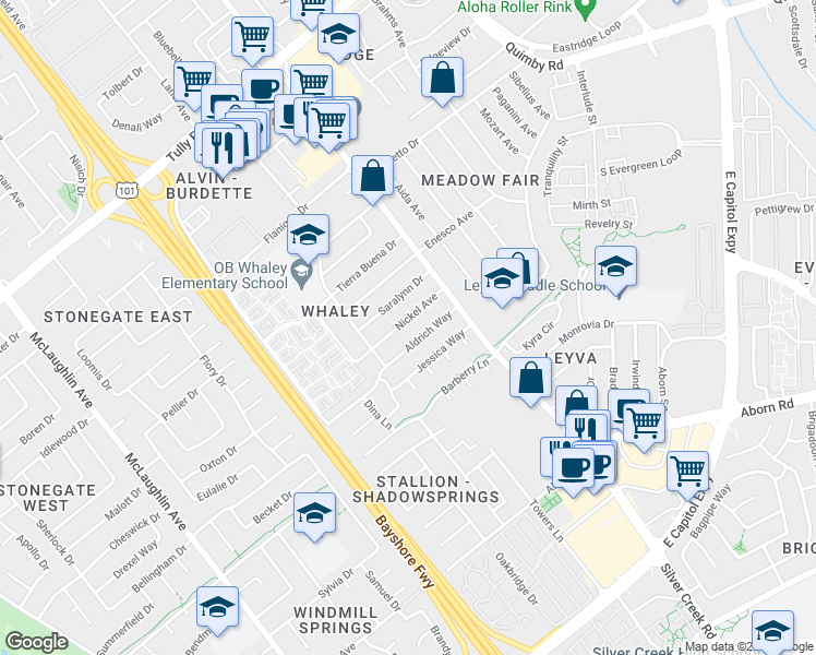 map of restaurants, bars, coffee shops, grocery stores, and more near 1642 Nickel Avenue in San Jose