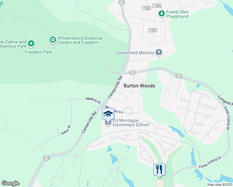 map of restaurants, bars, coffee shops, grocery stores, and more near 3802 War Hill Green in Williamsburg