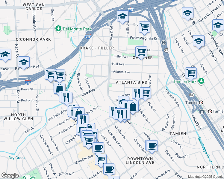 map of restaurants, bars, coffee shops, grocery stores, and more near 581 Brooks Avenue in San Jose