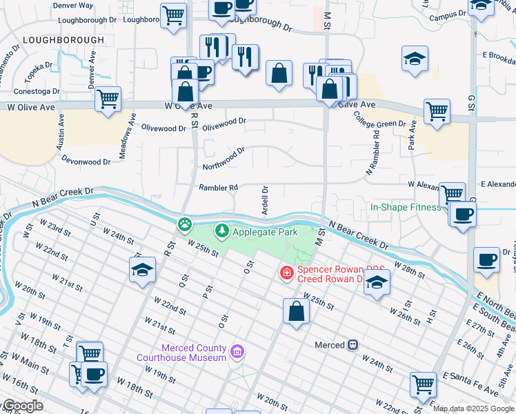 map of restaurants, bars, coffee shops, grocery stores, and more near 2835 Ardell Drive in Merced