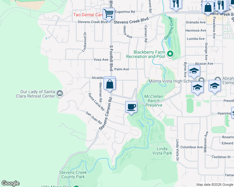 map of restaurants, bars, coffee shops, grocery stores, and more near 22472 McClellan Road in Cupertino