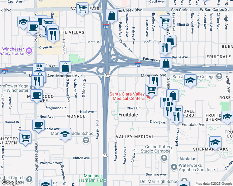 map of restaurants, bars, coffee shops, grocery stores, and more near 828 Catkin Court in San Jose