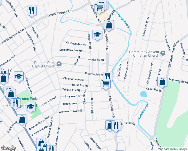 map of restaurants, bars, coffee shops, grocery stores, and more near 323 Preston Avenue Northeast in Roanoke