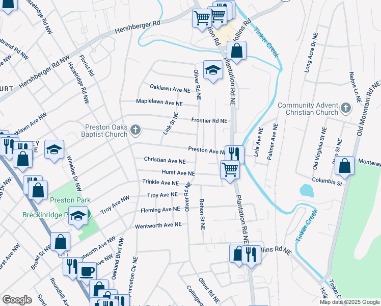 map of restaurants, bars, coffee shops, grocery stores, and more near 261 Preston Avenue Northeast in Roanoke