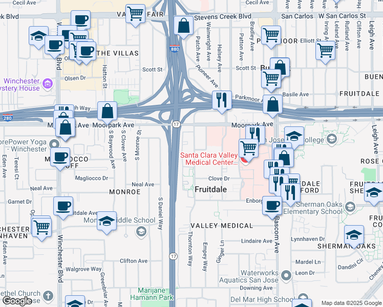 map of restaurants, bars, coffee shops, grocery stores, and more near 828 Catkin Court in San Jose