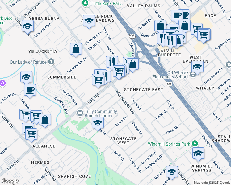 map of restaurants, bars, coffee shops, grocery stores, and more near 2433 McLaughlin Avenue in San Jose