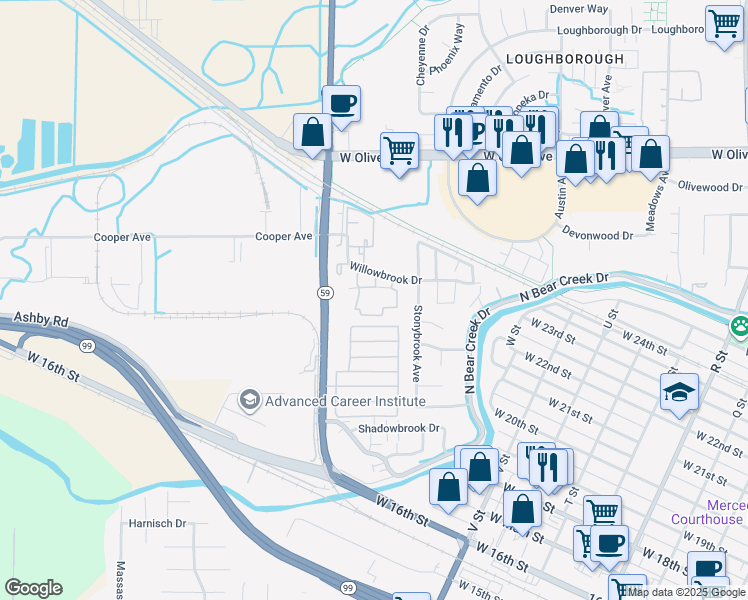 map of restaurants, bars, coffee shops, grocery stores, and more near 1754 Willowbrook Drive in Merced