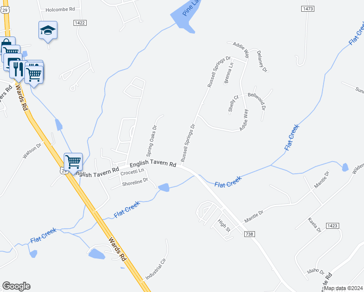map of restaurants, bars, coffee shops, grocery stores, and more near 98 Russell Springs Drive in Lynchburg