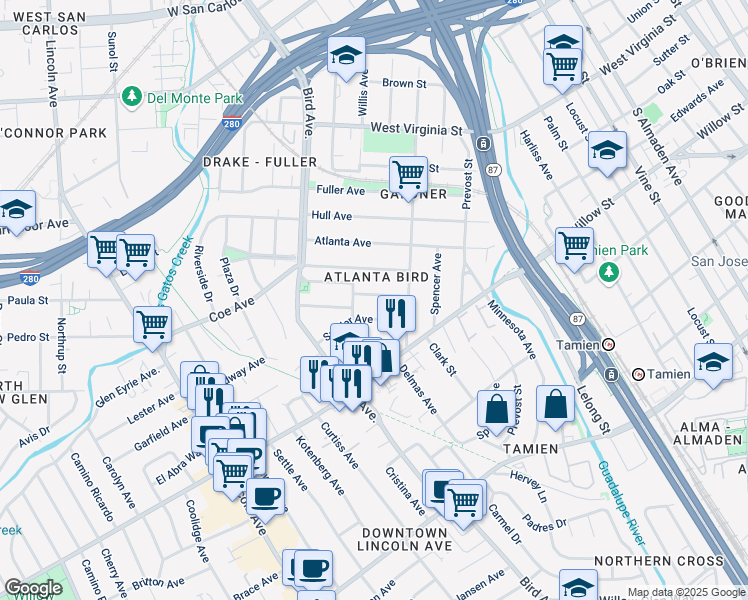 map of restaurants, bars, coffee shops, grocery stores, and more near 462 Marshall Avenue in San Jose