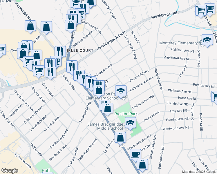 map of restaurants, bars, coffee shops, grocery stores, and more near 3114 Yardley Dr NW in Roanoke