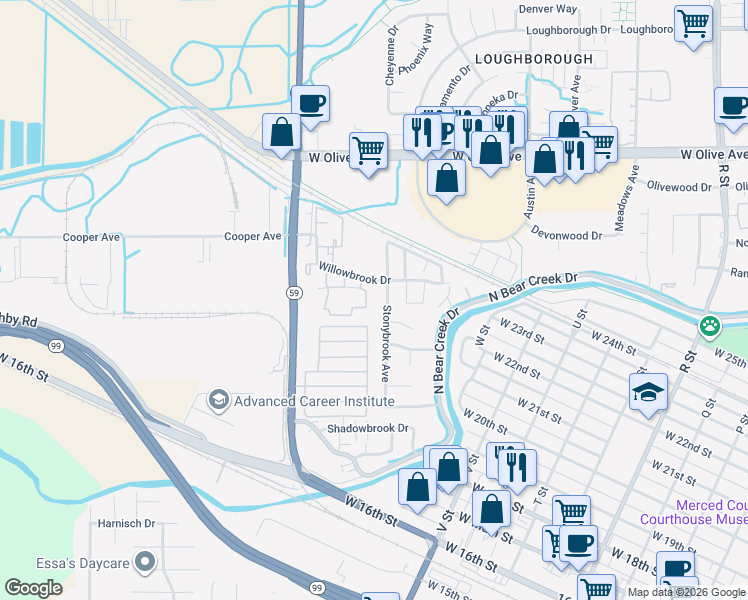map of restaurants, bars, coffee shops, grocery stores, and more near 2760 Stonybrook Avenue in Merced