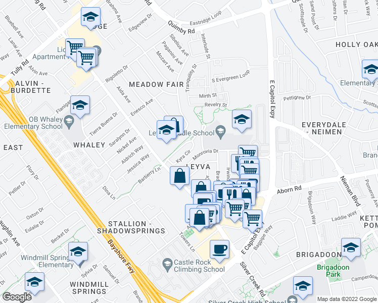 map of restaurants, bars, coffee shops, grocery stores, and more near 1789 Kyra Circle in San Jose