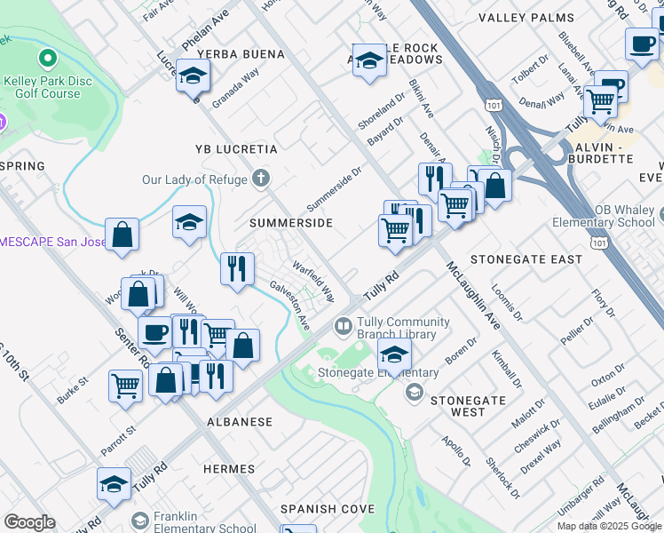 map of restaurants, bars, coffee shops, grocery stores, and more near 2370 Lucretia Avenue in San Jose