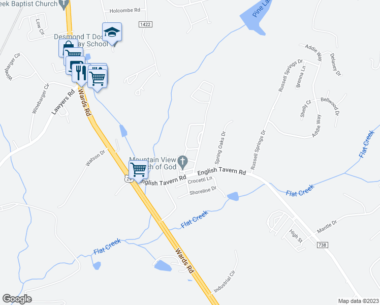 map of restaurants, bars, coffee shops, grocery stores, and more near 42 Old Tavern Circle in Lynchburg
