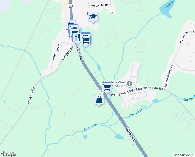 map of restaurants, bars, coffee shops, grocery stores, and more near 13679 Wards Road in Lynchburg