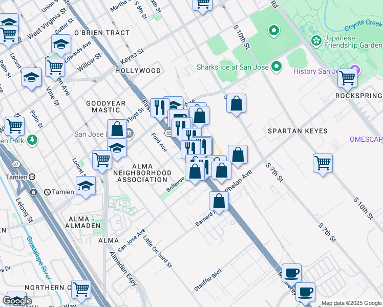 map of restaurants, bars, coffee shops, grocery stores, and more near 1582 Monterey Road in San Jose