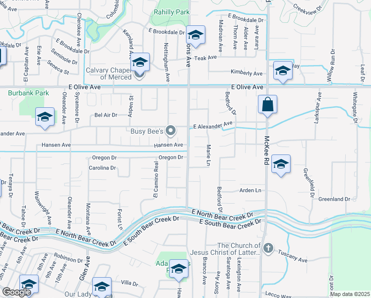 map of restaurants, bars, coffee shops, grocery stores, and more near 1669 Oregon Drive in Merced