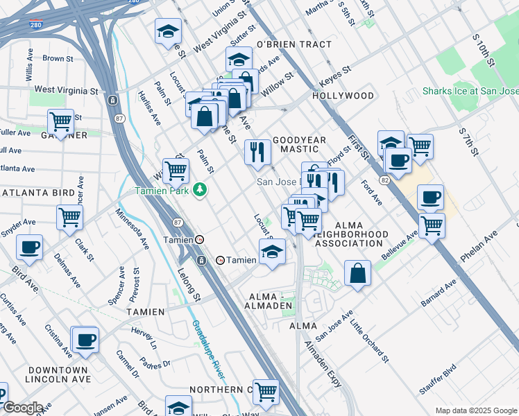 map of restaurants, bars, coffee shops, grocery stores, and more near 1264 Locust Street in San Jose