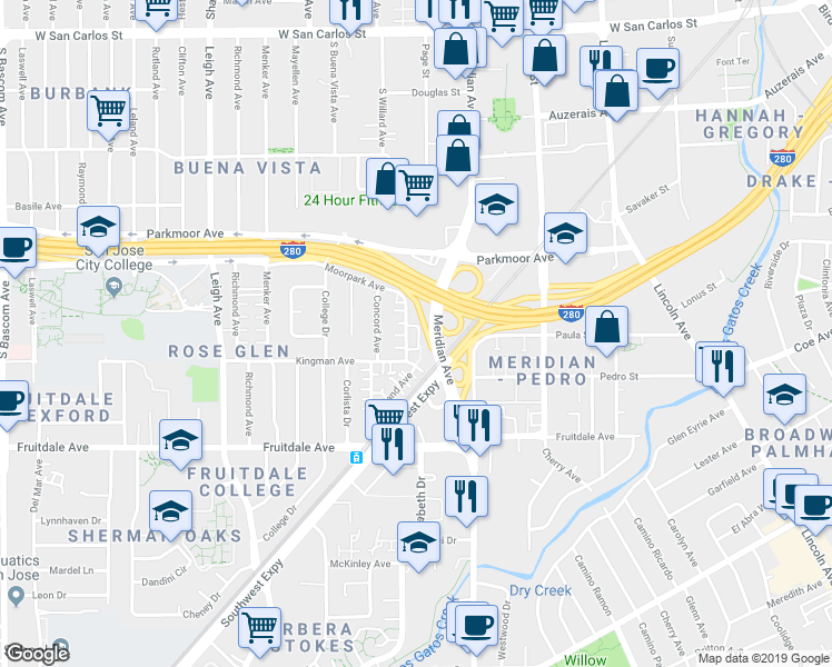 map of restaurants, bars, coffee shops, grocery stores, and more near 1411 Kingman Avenue in San Jose