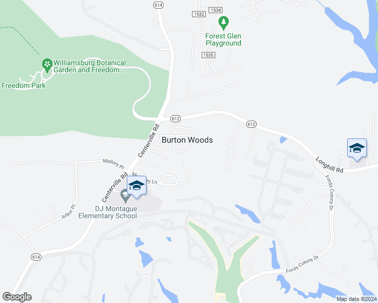 map of restaurants, bars, coffee shops, grocery stores, and more near 3792 Mulberry Lane in Williamsburg