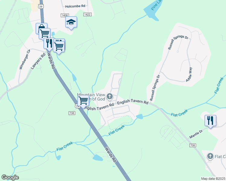 map of restaurants, bars, coffee shops, grocery stores, and more near 46 Old Tavern Circle in Lynchburg