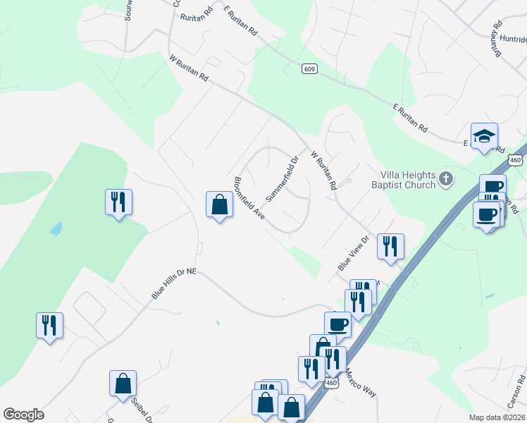 map of restaurants, bars, coffee shops, grocery stores, and more near 2165 Bloomfield Avenue in Roanoke