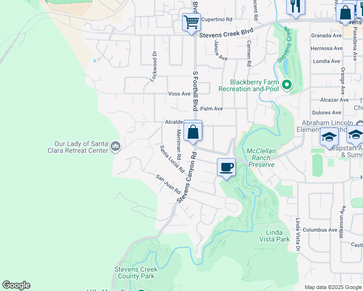 map of restaurants, bars, coffee shops, grocery stores, and more near 10614 Merriman Road in Cupertino