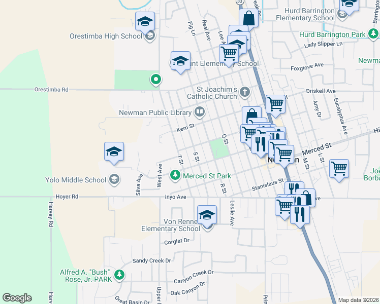 map of restaurants, bars, coffee shops, grocery stores, and more near 1312 T Street in Newman