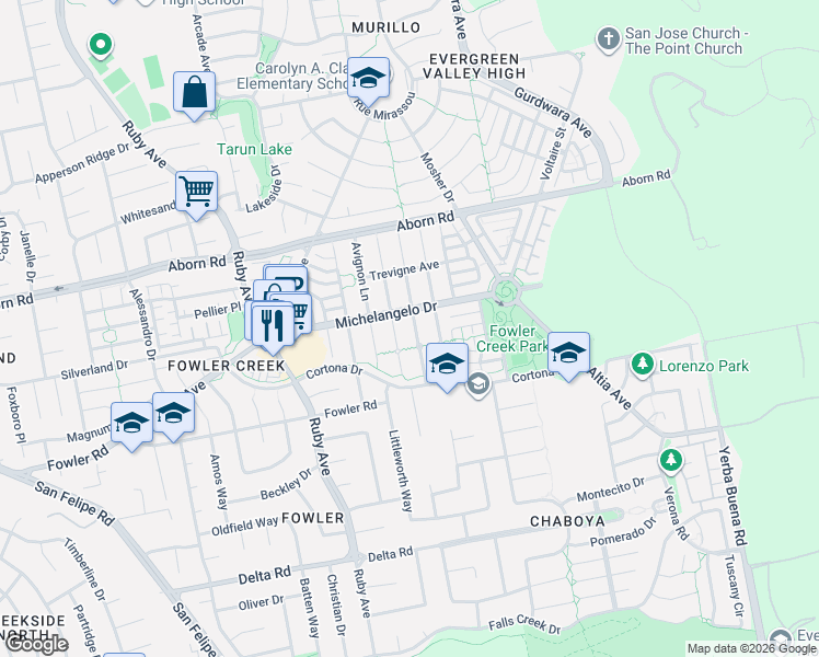 map of restaurants, bars, coffee shops, grocery stores, and more near 4025 Bouquet Park Lane in San Jose