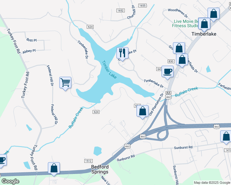 map of restaurants, bars, coffee shops, grocery stores, and more near 363 Timberlake Drive in Lynchburg