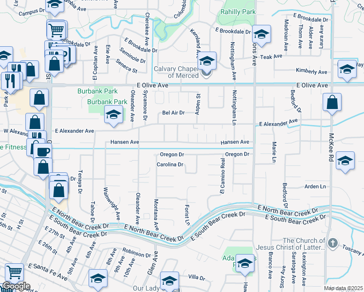 map of restaurants, bars, coffee shops, grocery stores, and more near 1134 Hansen Avenue in Merced