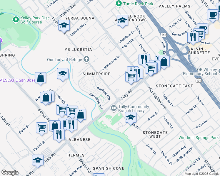 map of restaurants, bars, coffee shops, grocery stores, and more near 2364 Lucretia Avenue in San Jose