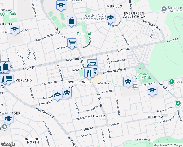 map of restaurants, bars, coffee shops, grocery stores, and more near 4075 Evergreen Village Square in San Jose