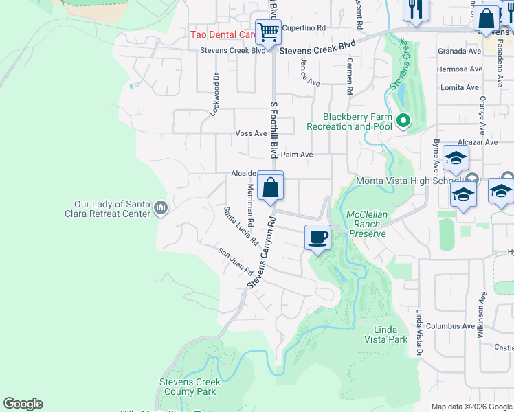 map of restaurants, bars, coffee shops, grocery stores, and more near 10614 Merriman Road in Cupertino