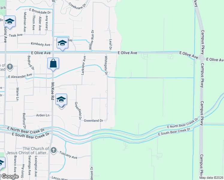 map of restaurants, bars, coffee shops, grocery stores, and more near 2960 Whitegate Drive in Merced