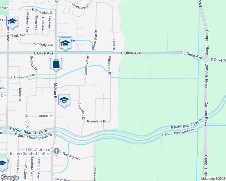 map of restaurants, bars, coffee shops, grocery stores, and more near 2960 Whitegate Drive in Merced