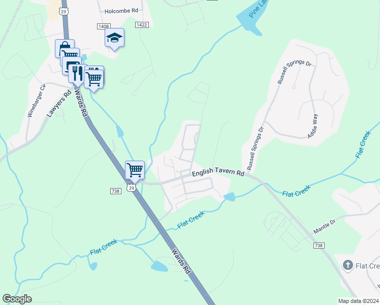 map of restaurants, bars, coffee shops, grocery stores, and more near 34 Old Tavern Circle in Lynchburg